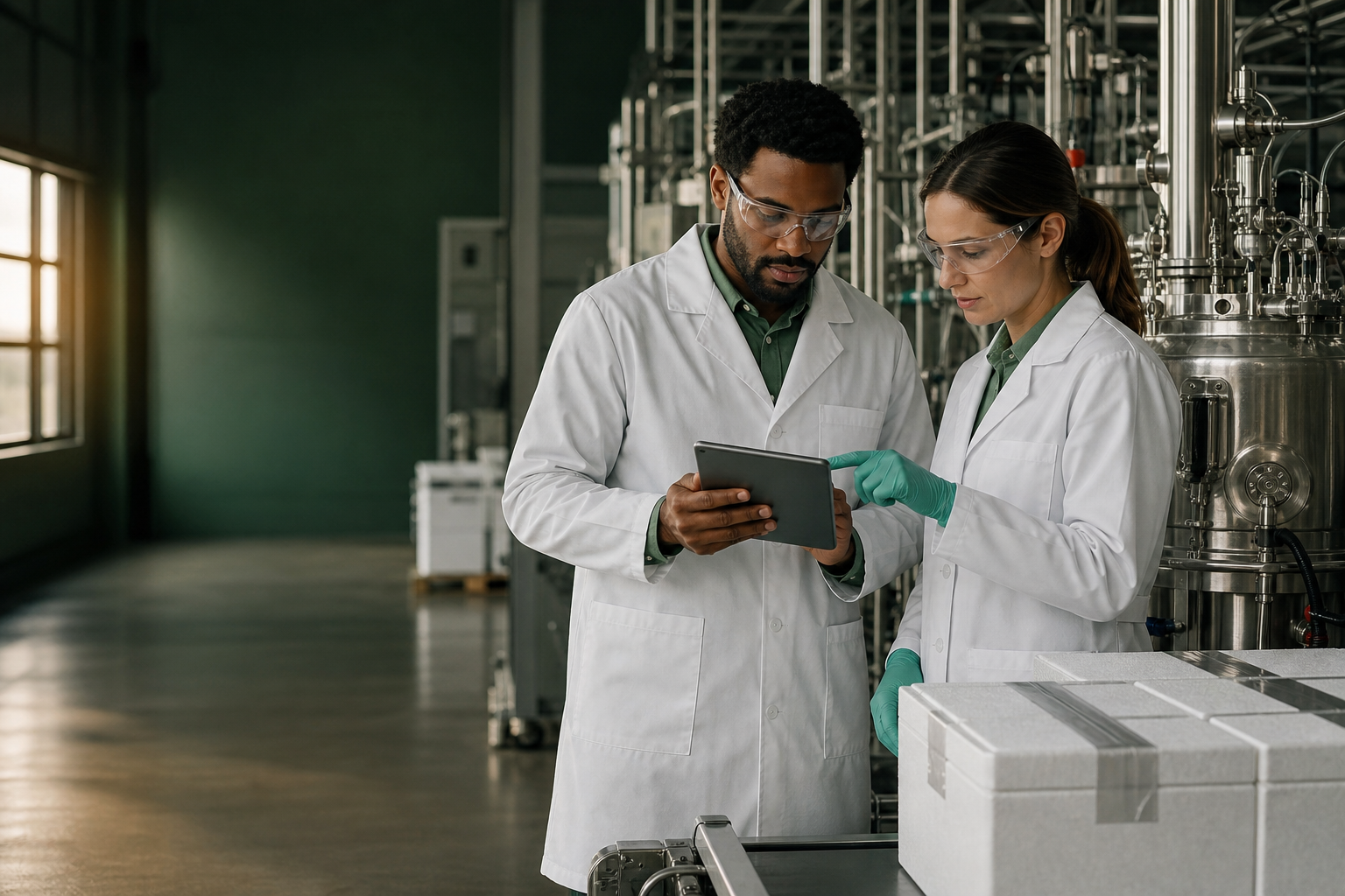 Two biopharmaceutical professionals reviewing launch operations beside manufacturing equipment