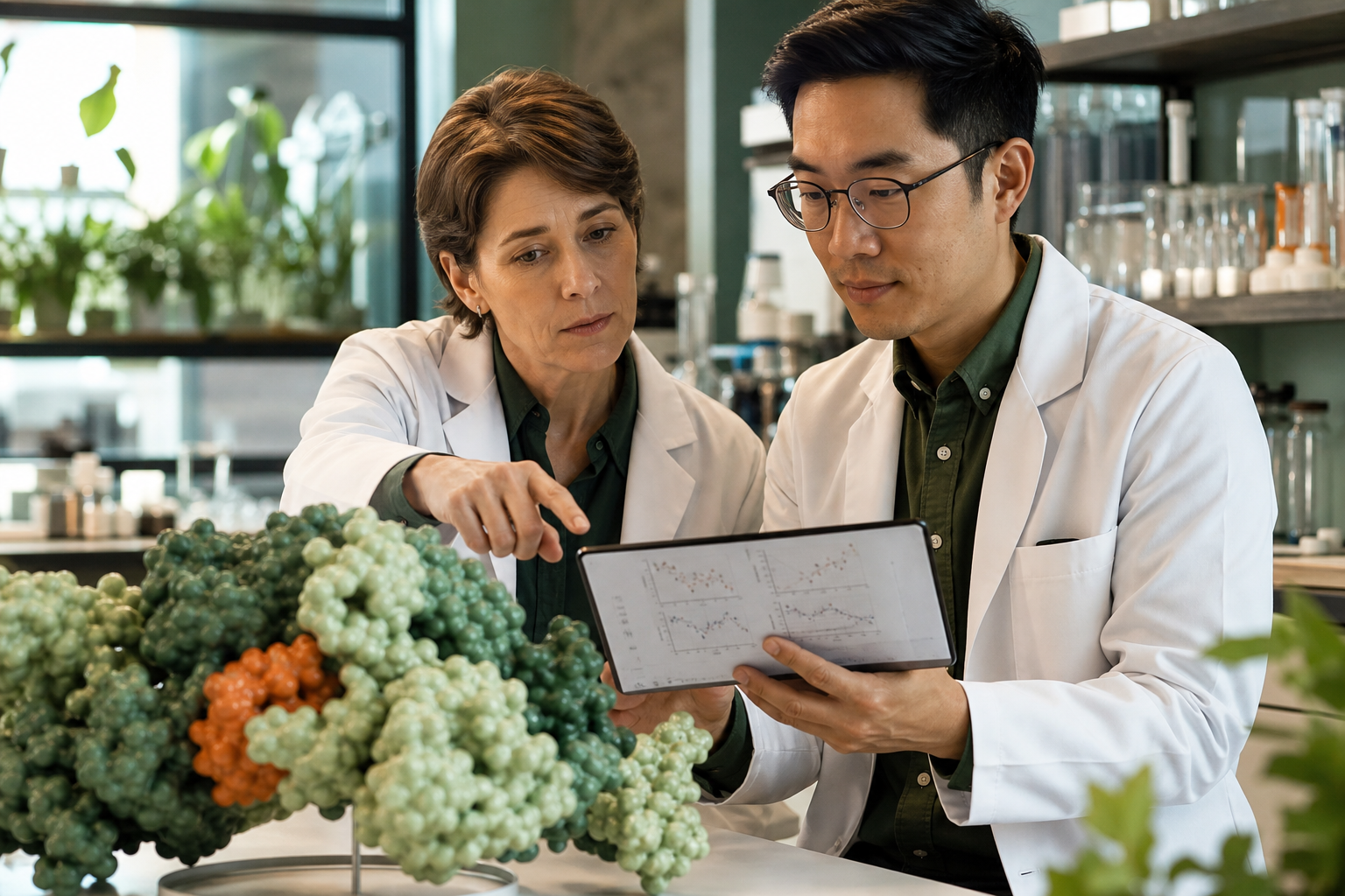 Two translational oncology scientists reviewing molecular and clinical evidence