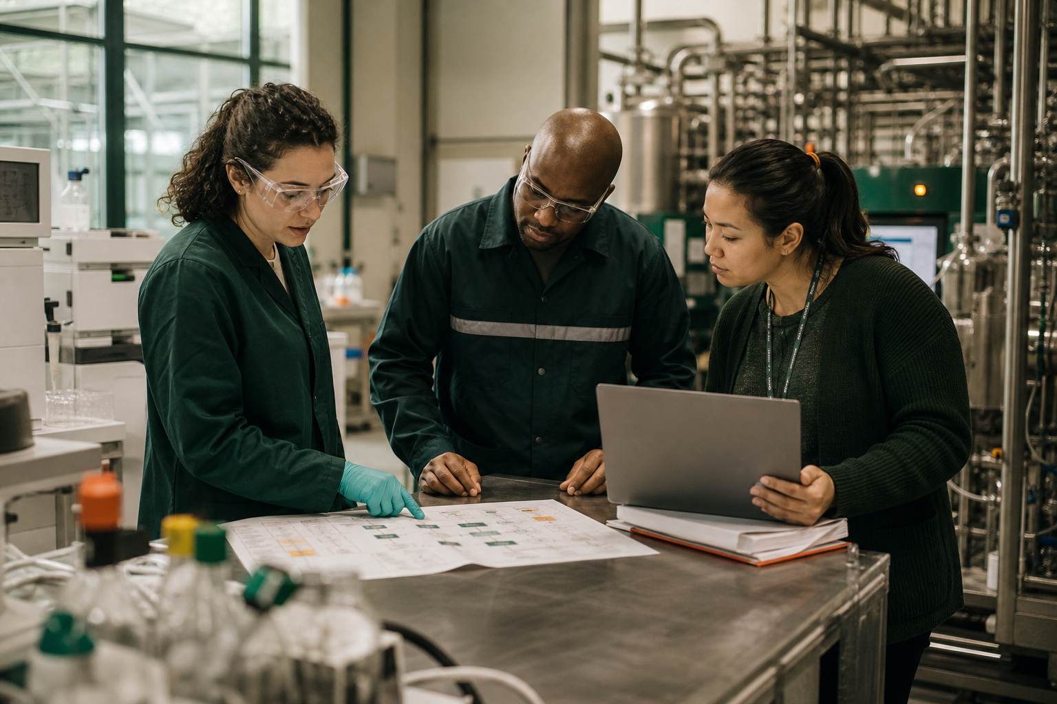 Three biopharma professionals coordinating laboratory, manufacturing, and program work