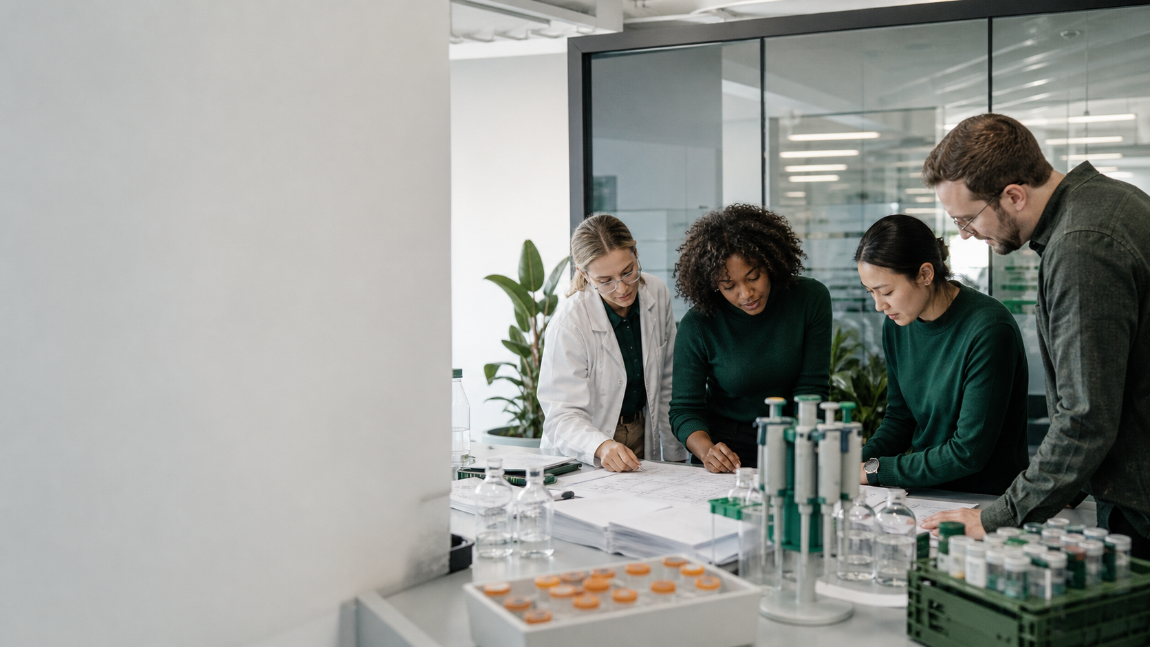 A cross-functional life-sciences team reviewing laboratory and operations plans in a modern workspace