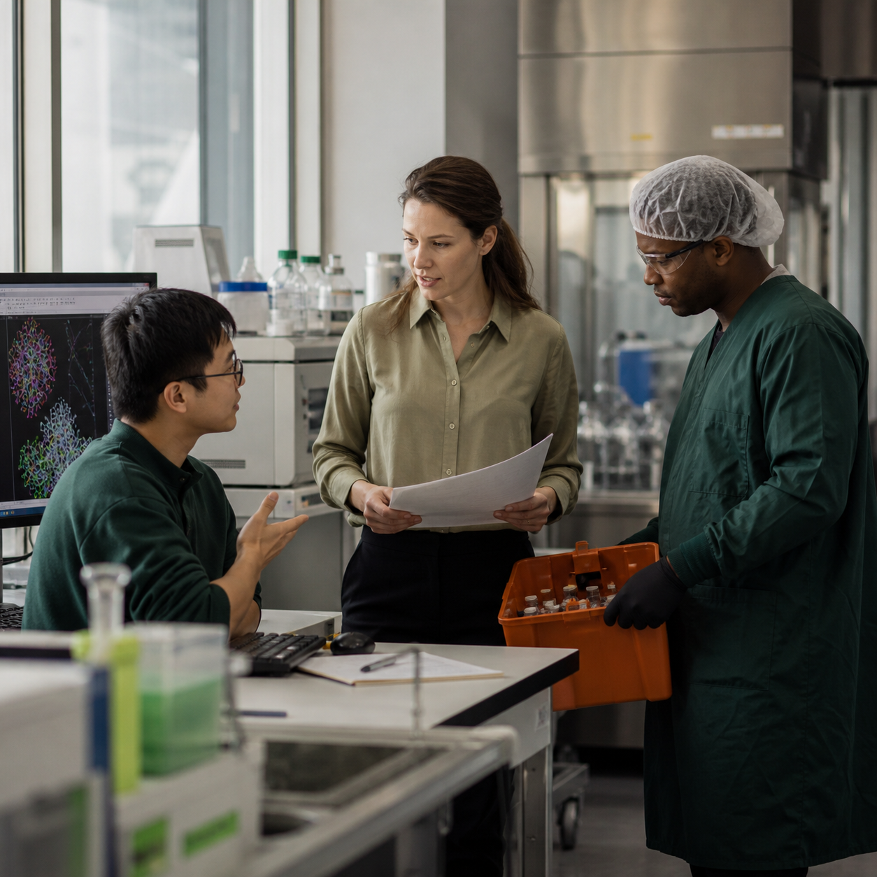 A computational scientist, clinical-development professional, and manufacturing technician coordinating specialized life-sciences work