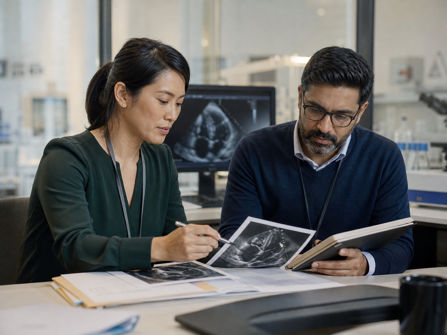 Two cardiovascular clinical researchers reviewing unlabeled echocardiography evidence