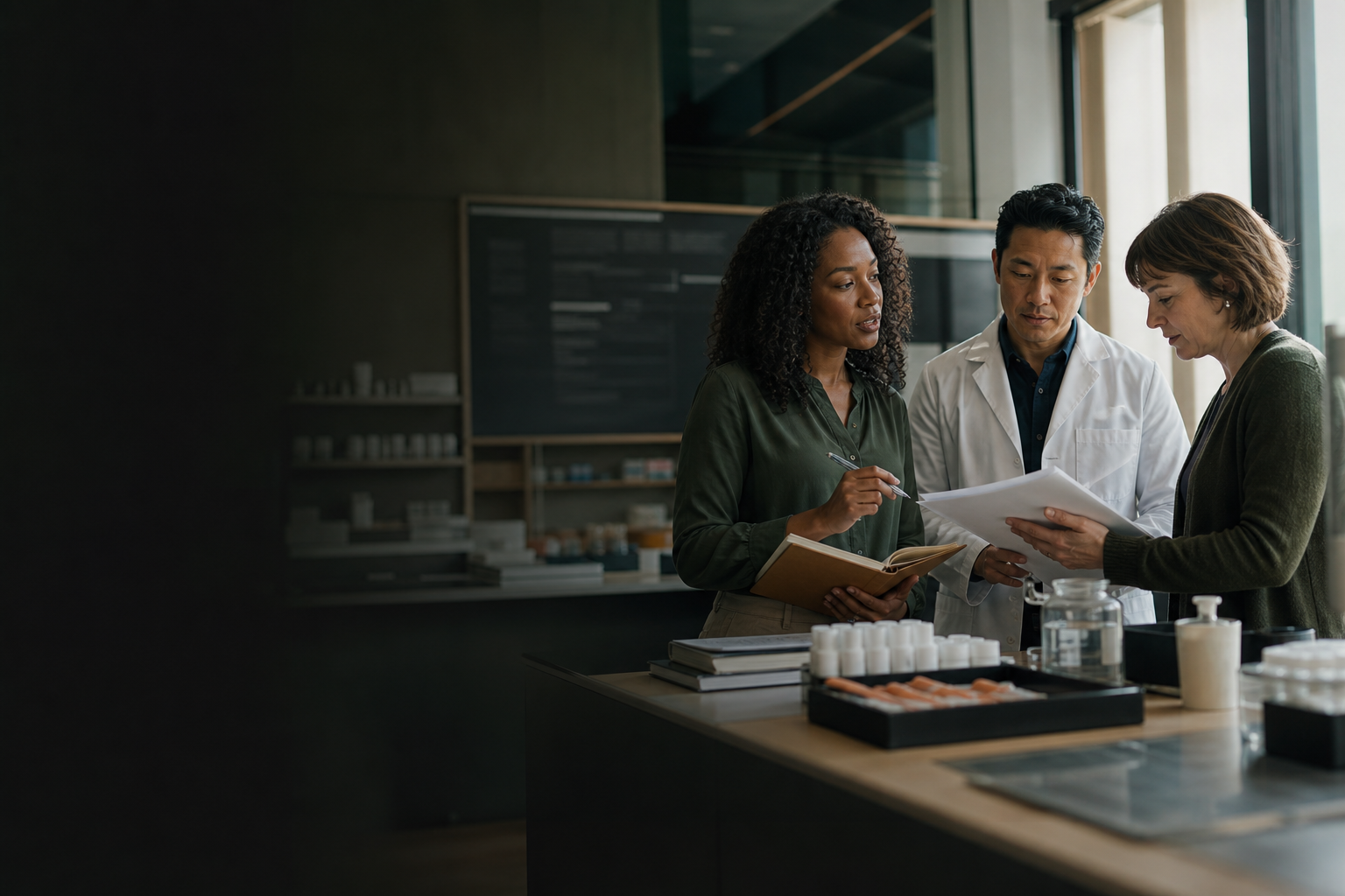 A cross-functional biopharma team reviewing regulatory and launch-readiness plans in a formulation workspace