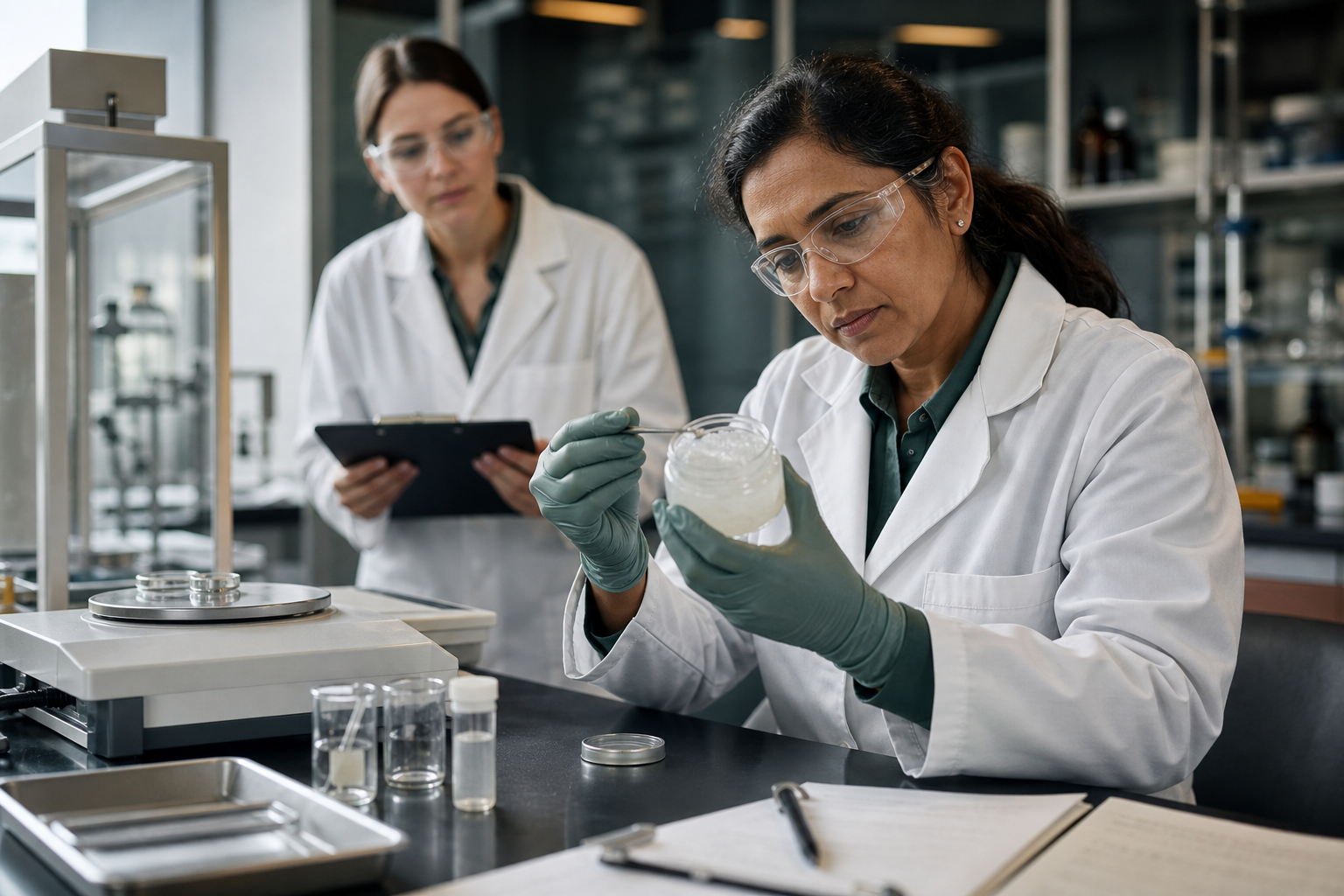 Two formulation scientists conducting a careful topical-gel quality review