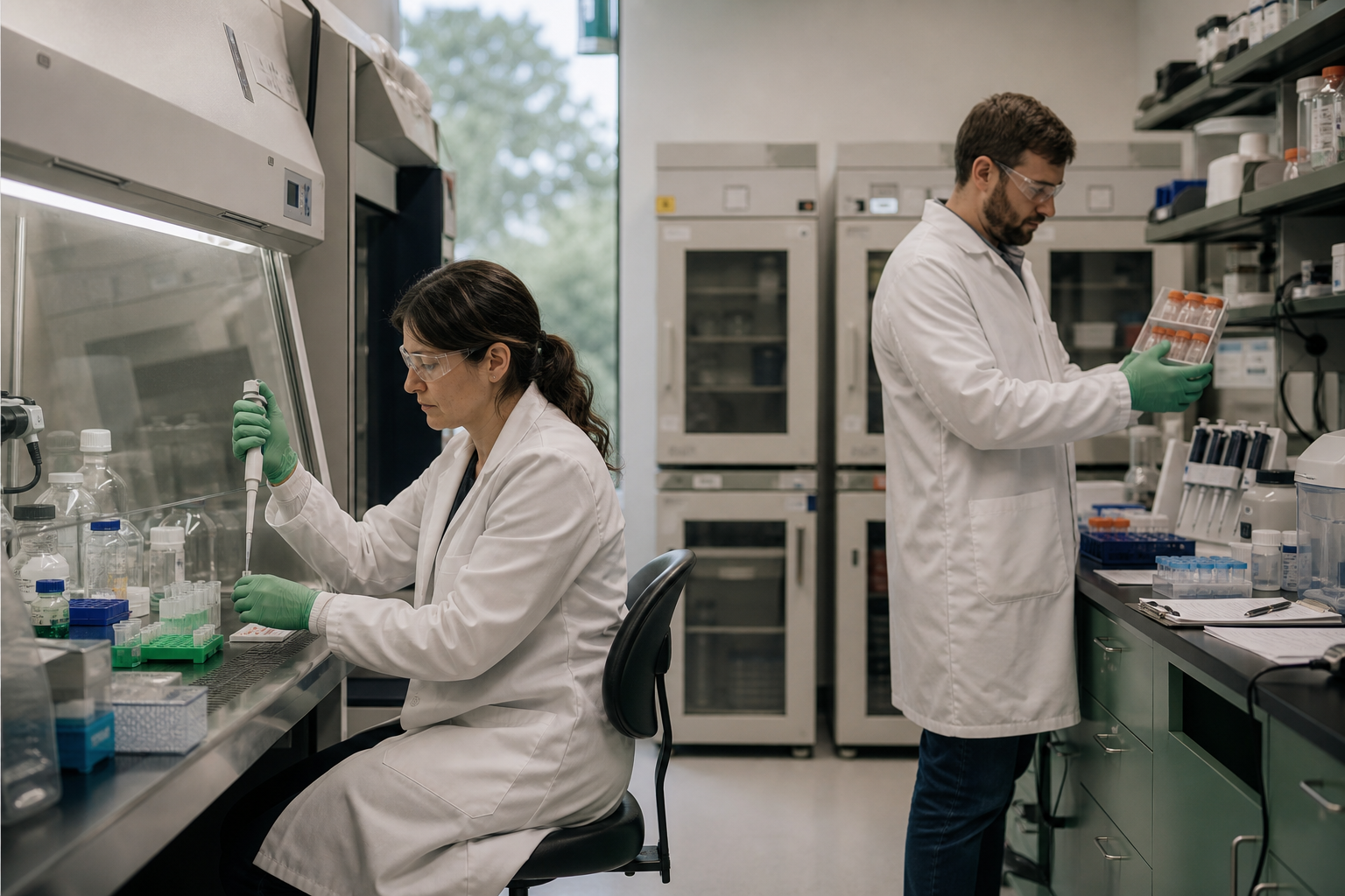 Two cell-therapy researchers conducting careful preclinical laboratory work