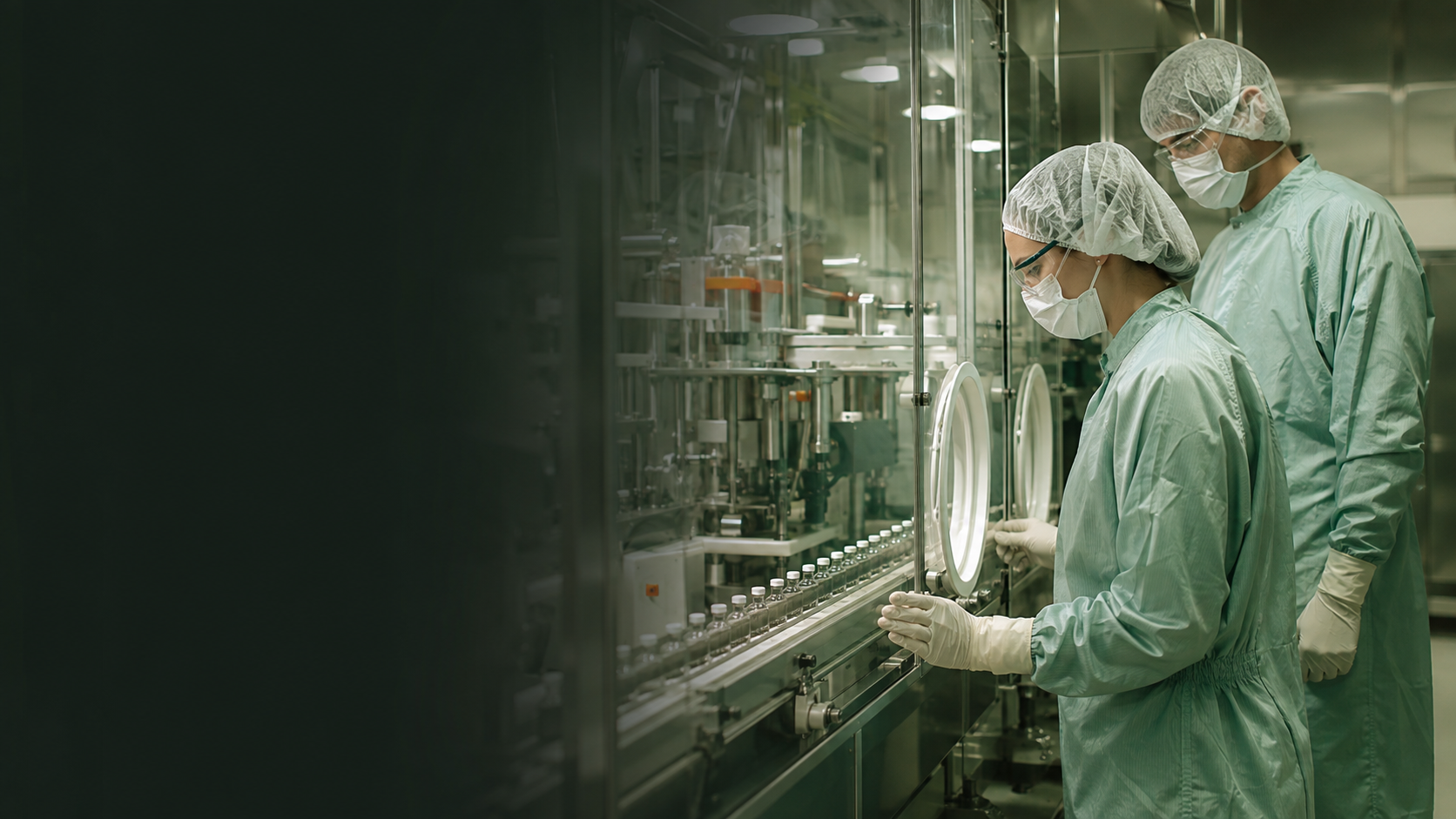Two sterile manufacturing professionals monitoring an enclosed vial filling line