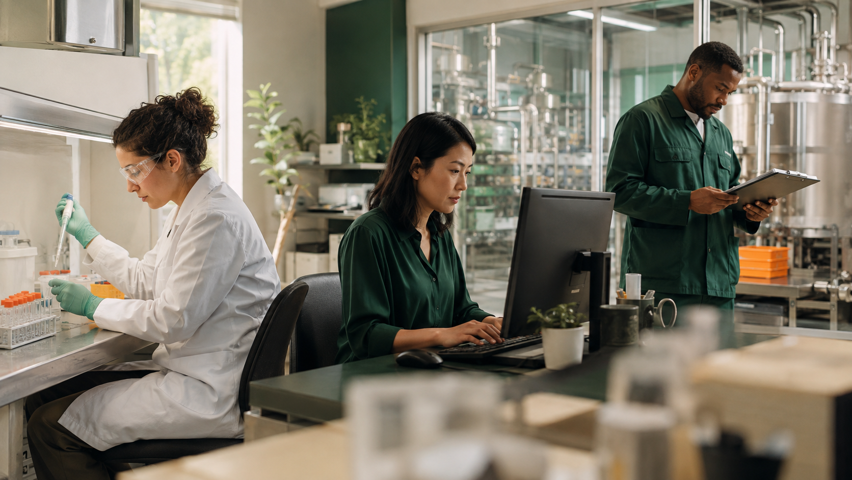 Laboratory, data, and operations professionals working across a biopharma facility
