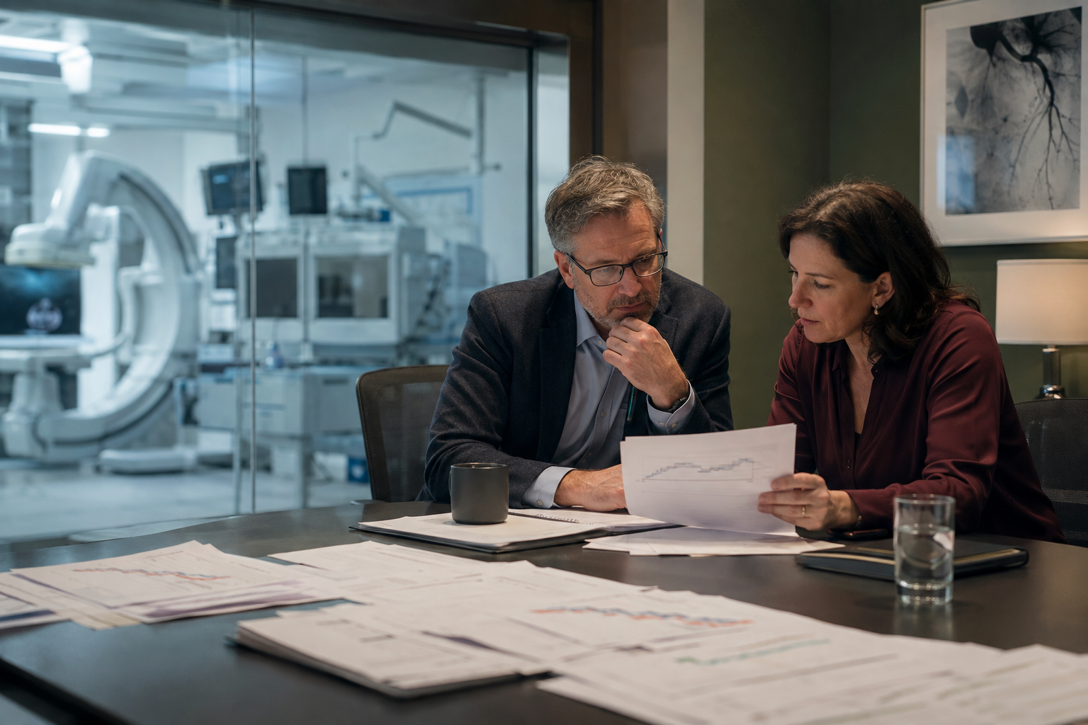 Two clinical research leaders reviewing cardiovascular outcomes evidence beside an imaging suite