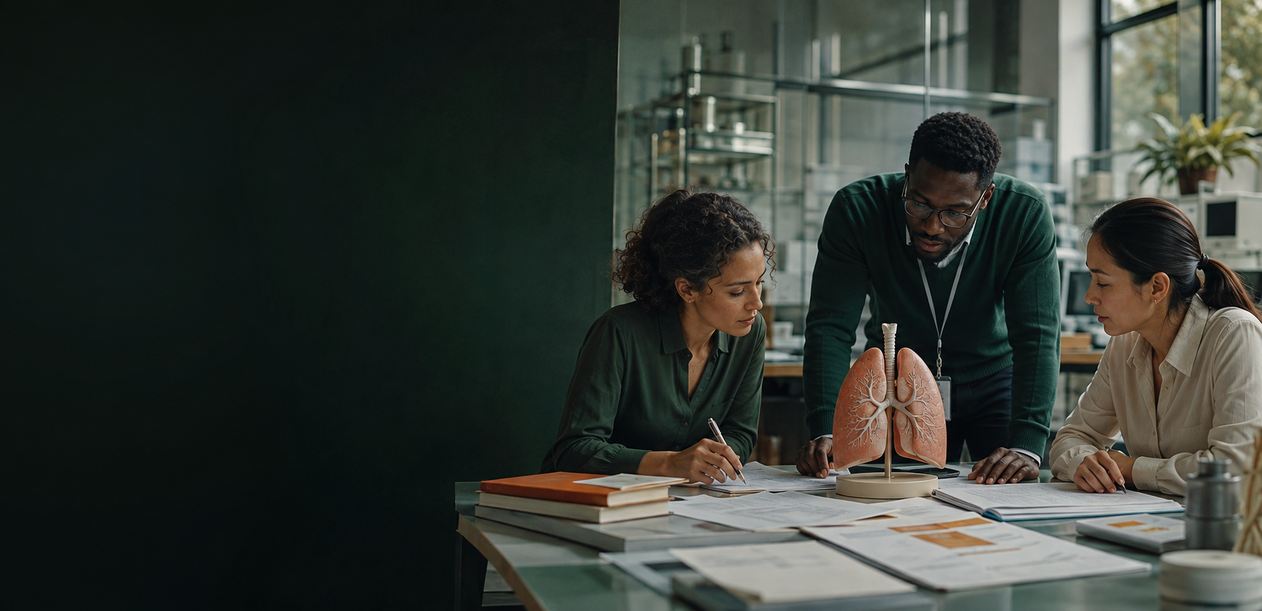 Three respiratory-medicine professionals reviewing clinical evidence beside a lung model