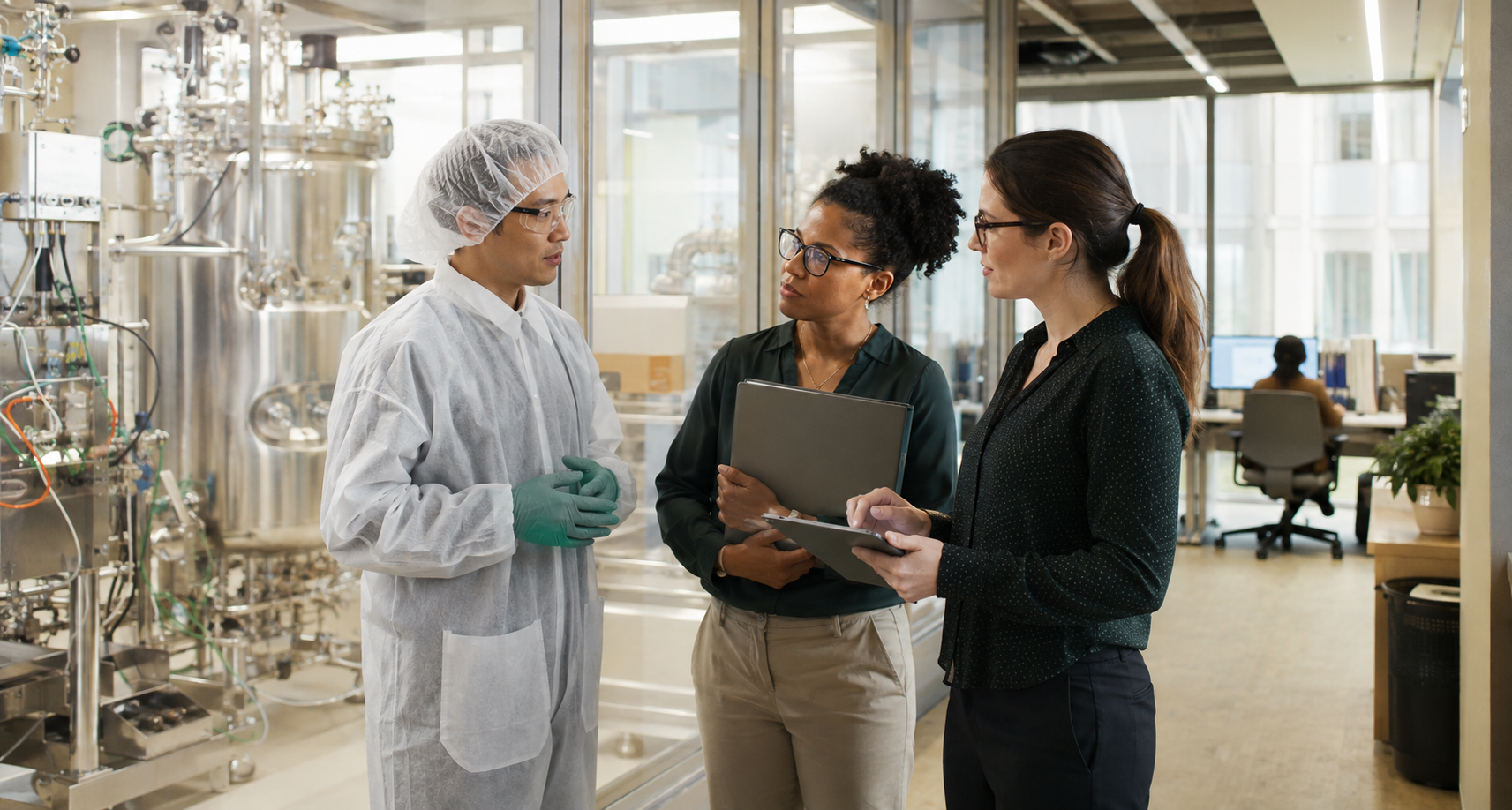 A manufacturing engineer, clinical operations lead, and data scientist coordinating beside bioprocess equipment