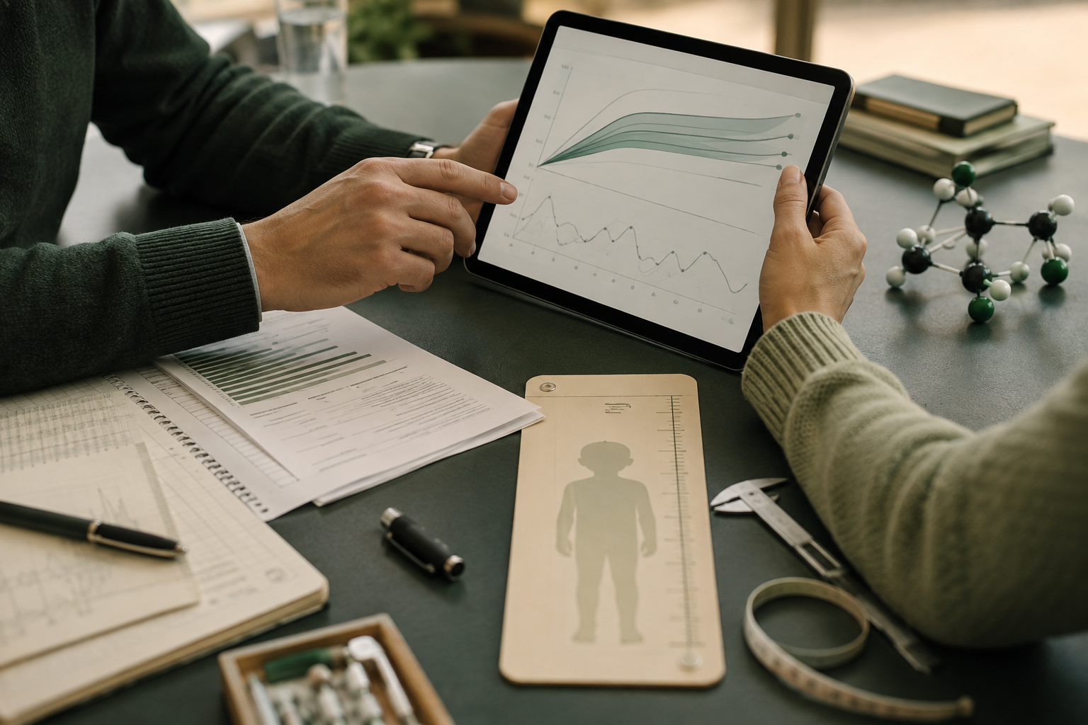 Clinical researchers reviewing abstract growth curves and anthropometric tools