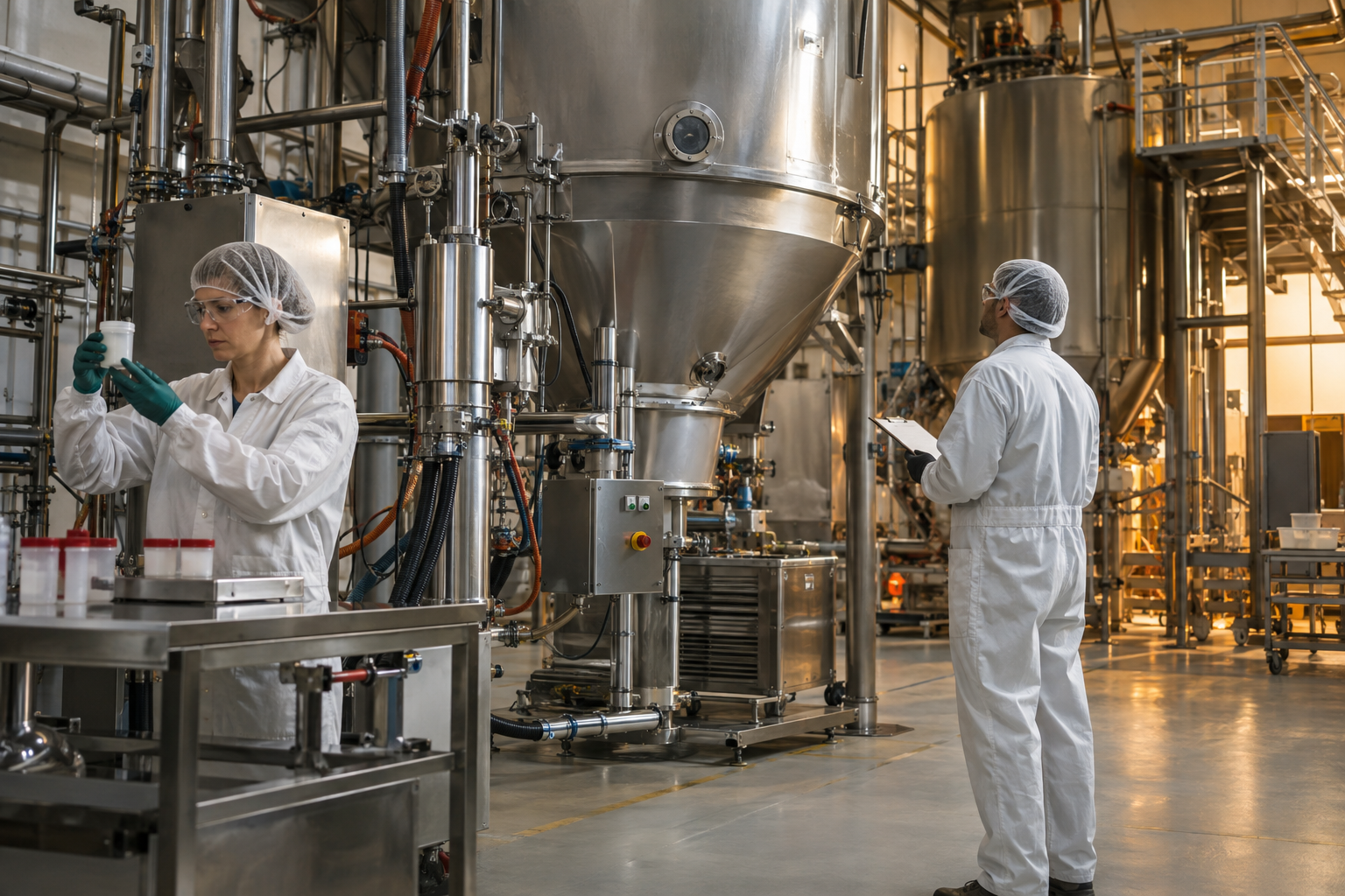 Two manufacturing specialists inspecting large spray-drying vessels in a modern pharmaceutical facility