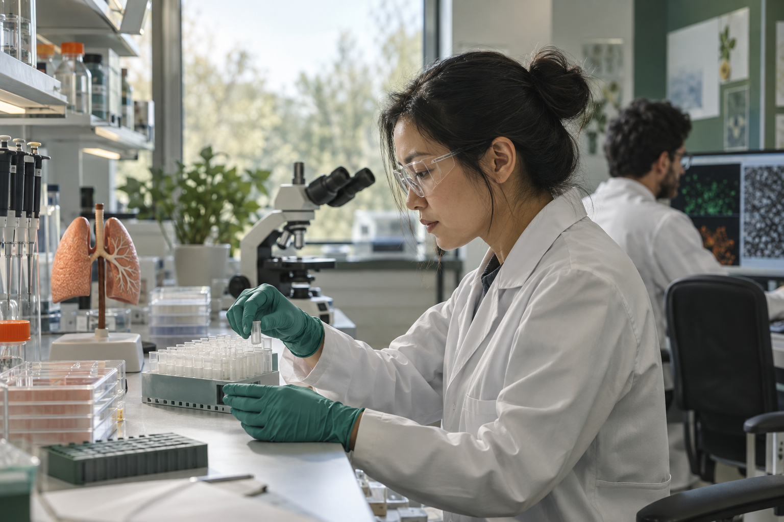 An oncology researcher inspecting an unlabeled sample rack beside laboratory equipment and a lung model
