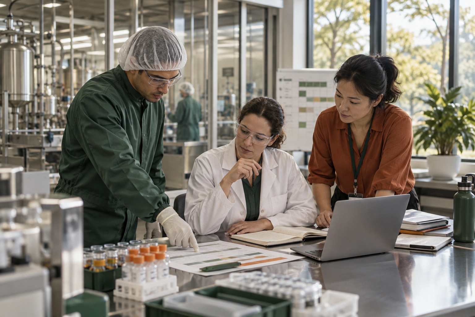 Three cross-functional life-sciences professionals collaborating in a bright laboratory setting