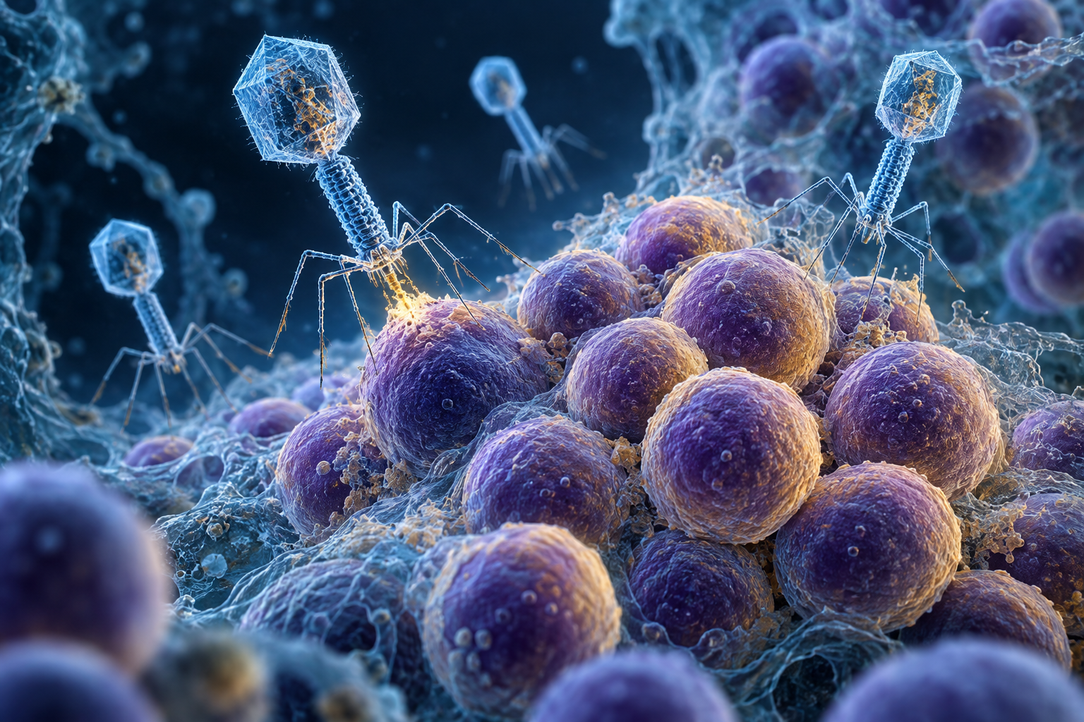 A scientific editorial illustration of bacteriophages approaching clustered Staphylococcus bacteria