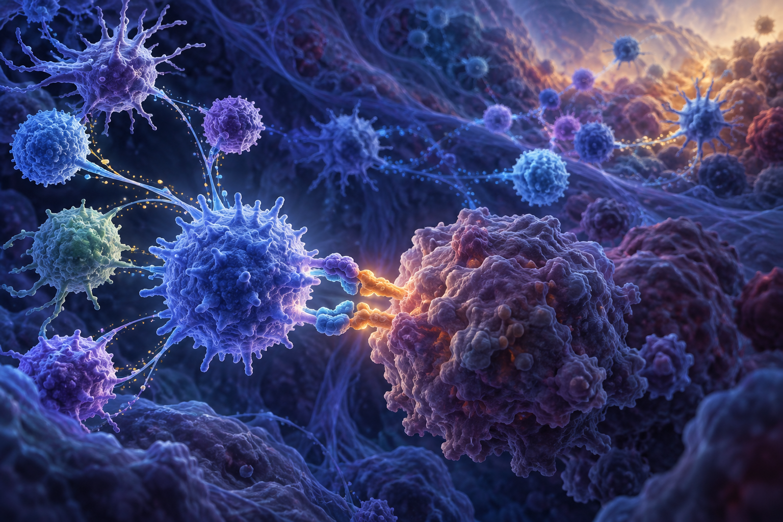 An editorial illustration of immune cells interacting within a tumor microenvironment