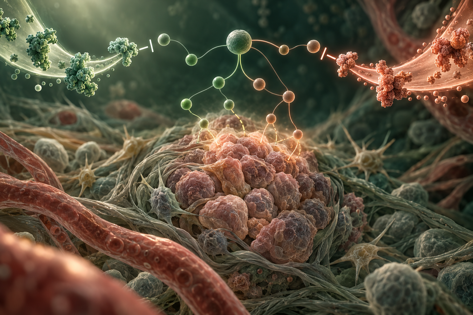 Editorial biomedical illustration of two intervention paths converging on a tumor-cell network