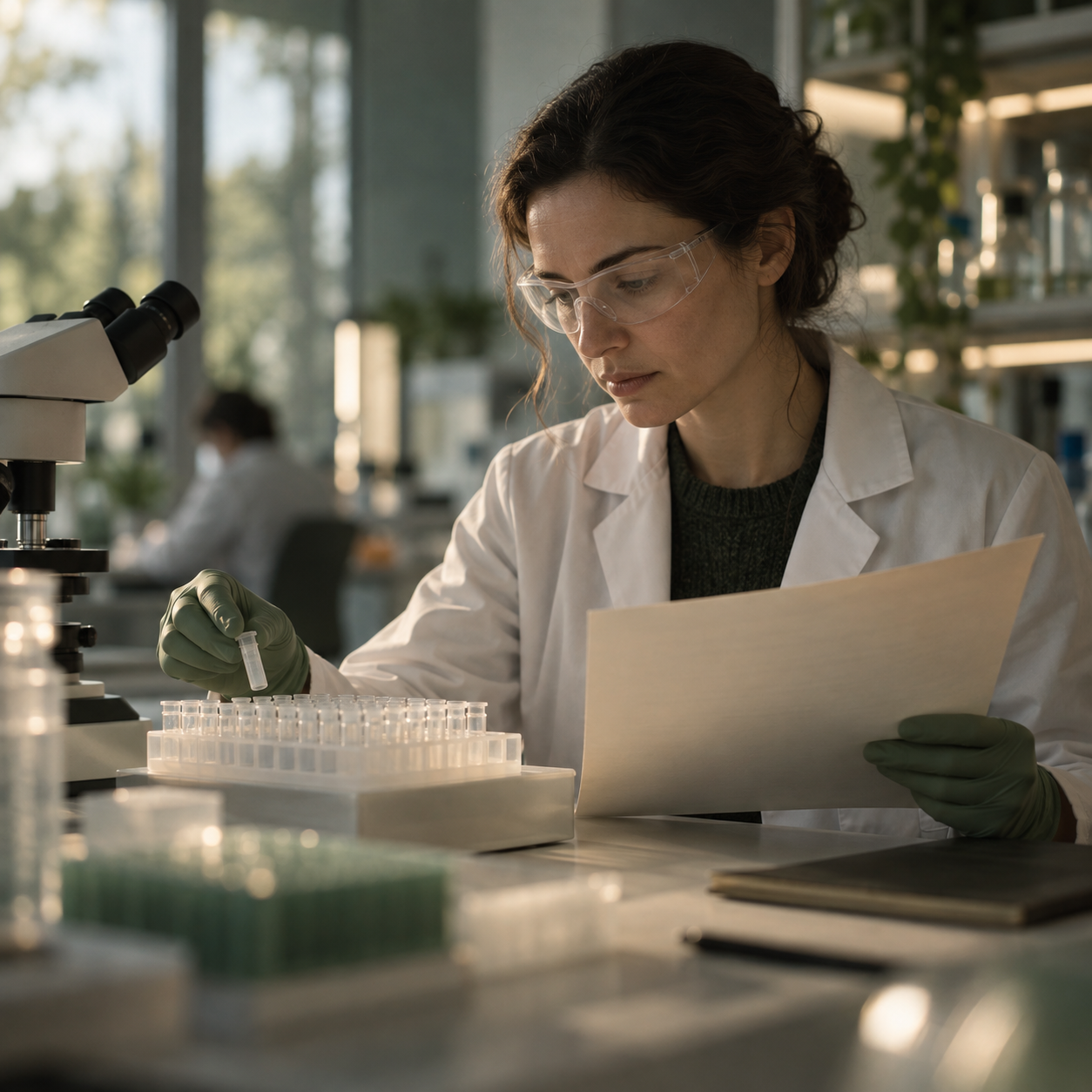 Research scientist reviewing an unlabeled sample and a blank study document