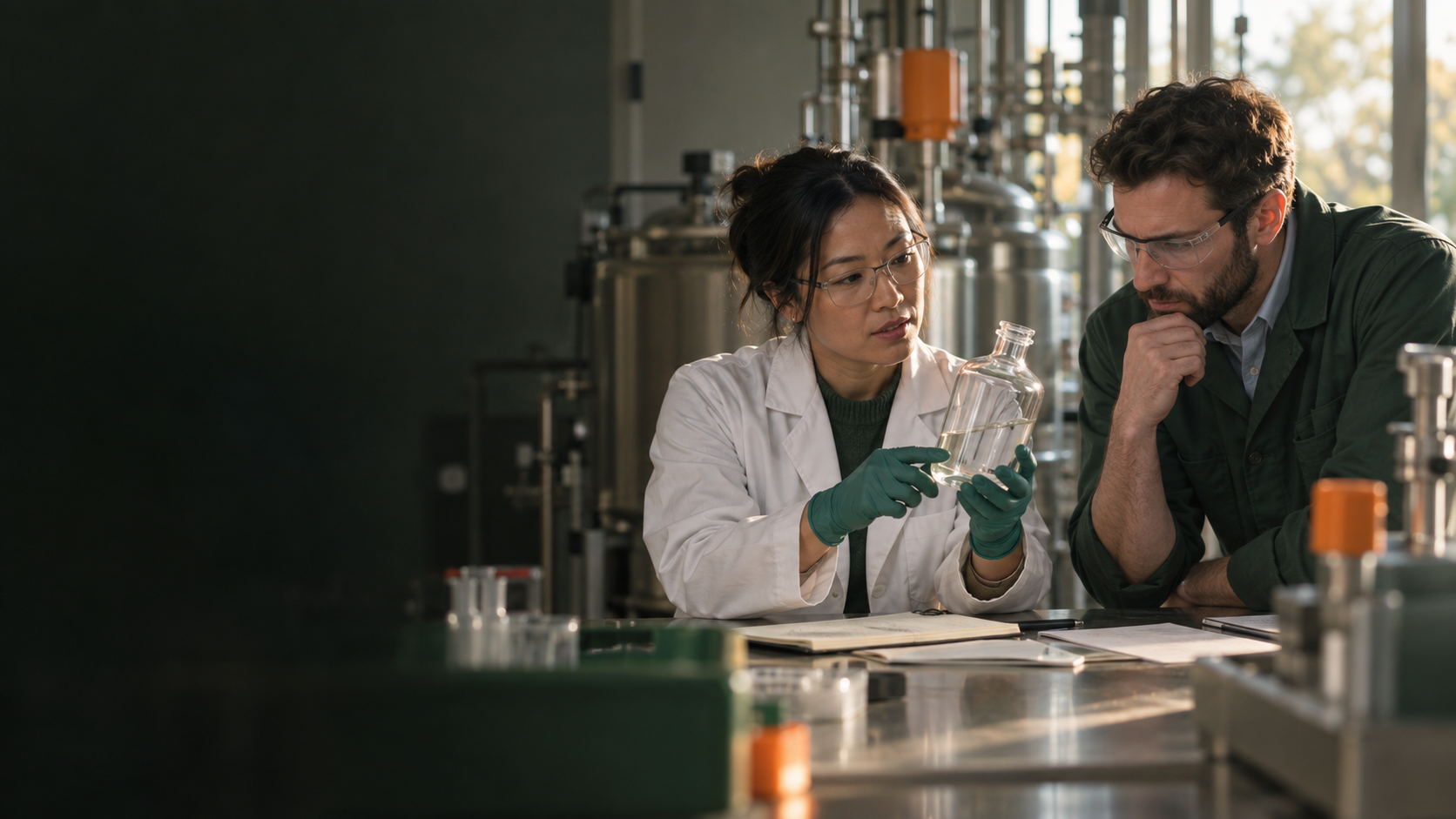 Two life-sciences colleagues reviewing an unlabeled vessel in a laboratory