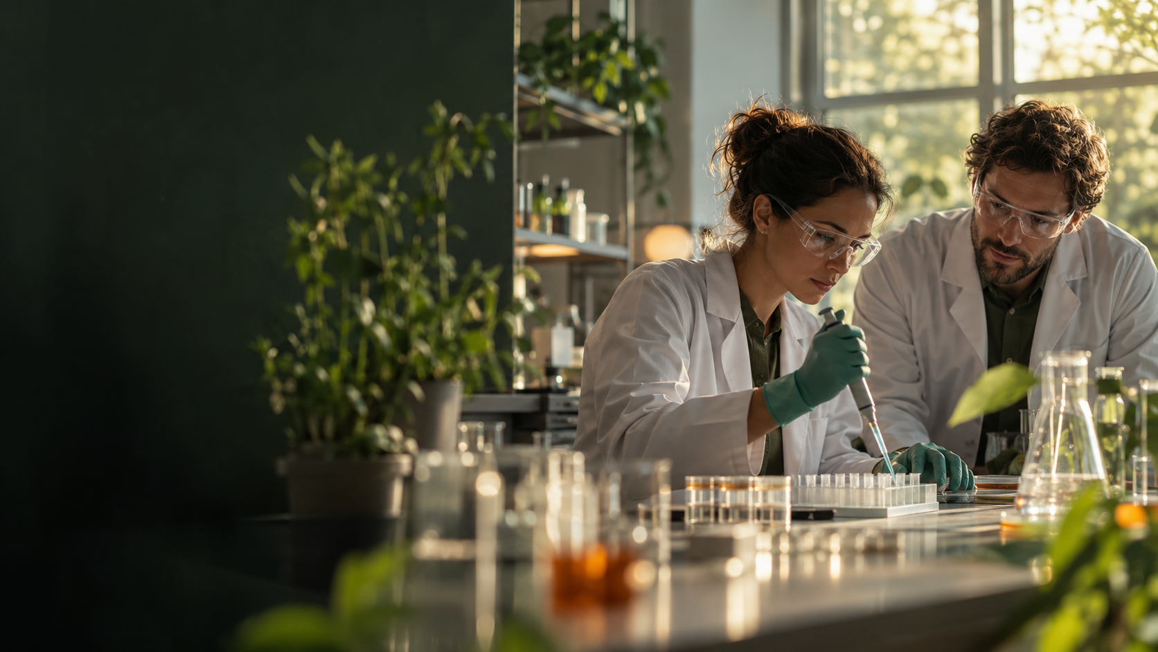 Two scientists working together at a laboratory bench