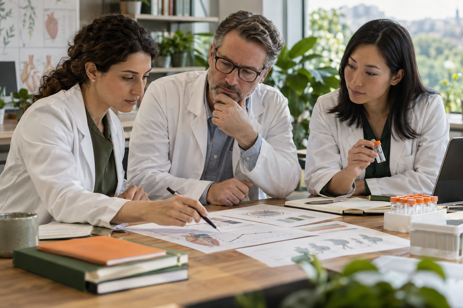 Three researchers reviewing study materials and sample vials