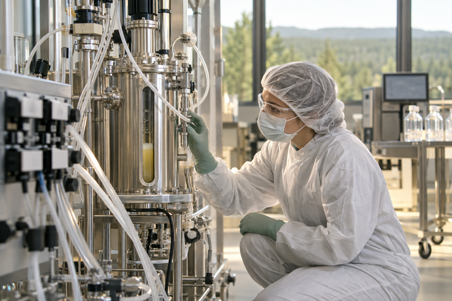 Technician inspecting a small-scale biologics manufacturing vessel